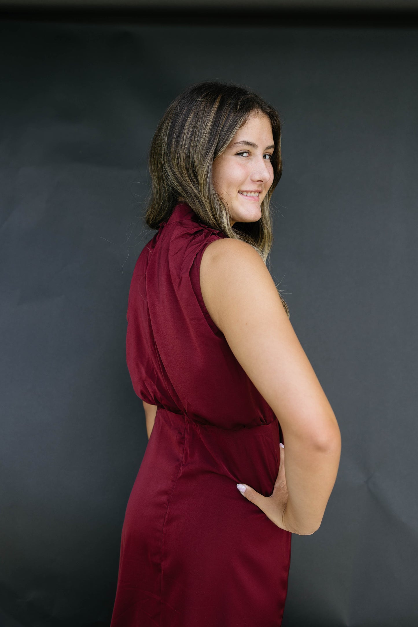 Cocktail Hour Satin Dress | Wine Red