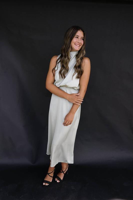 Cocktail Hour Satin Dress || Green