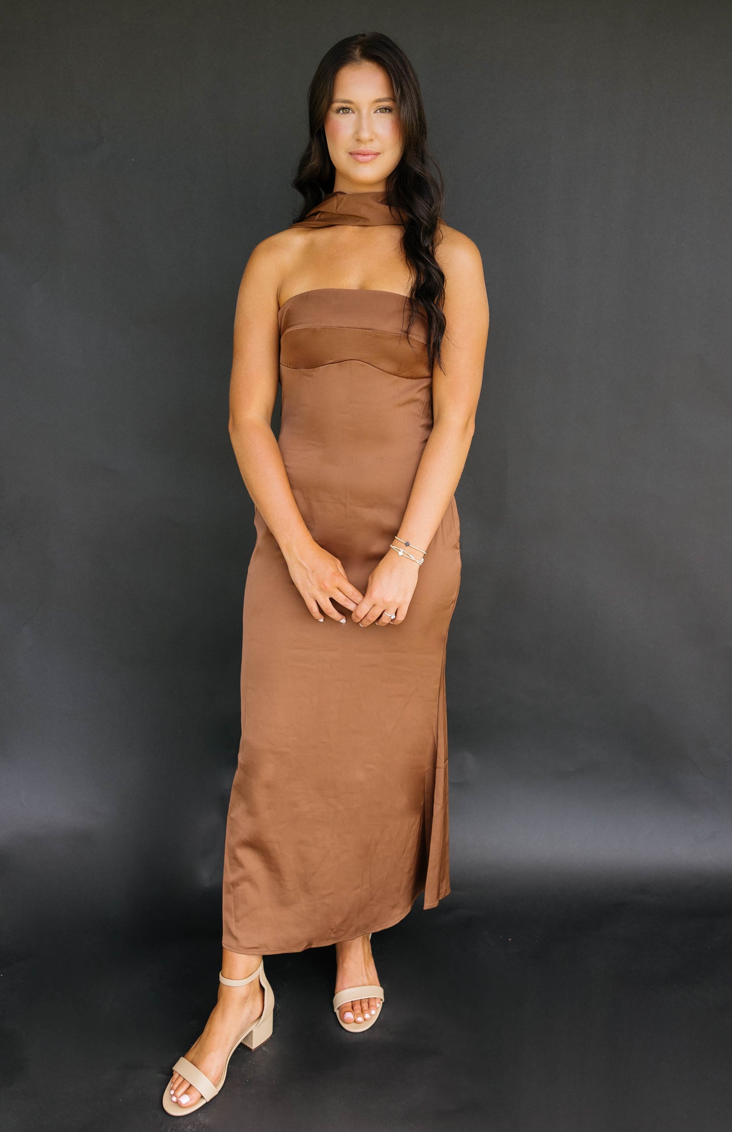 Satin Brown Reverse Halter Dress