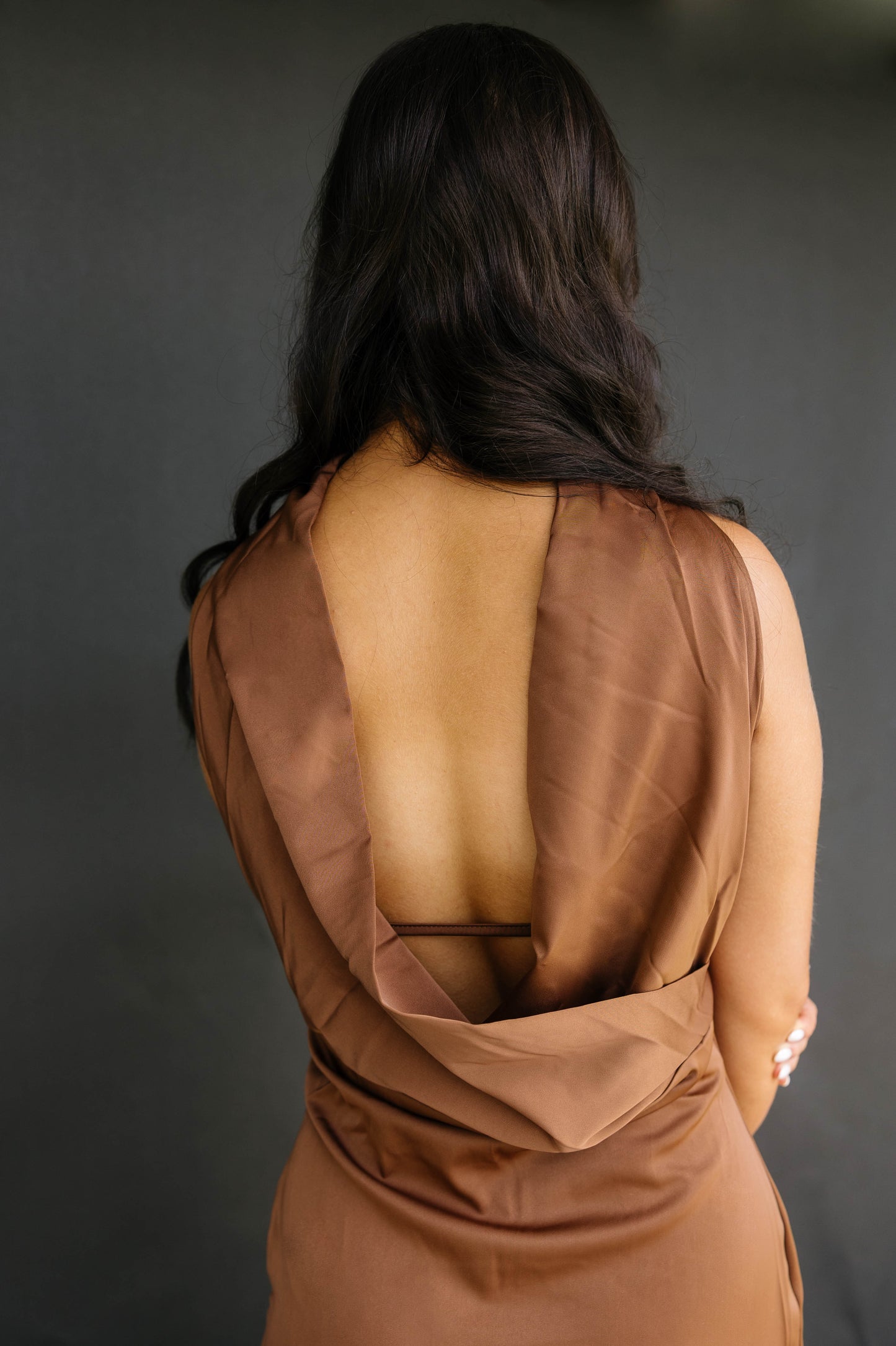 Satin Brown Reverse Halter Dress
