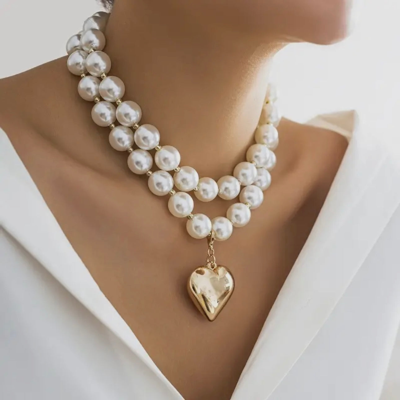 Double Strand Pearl Necklace Heart Pendant