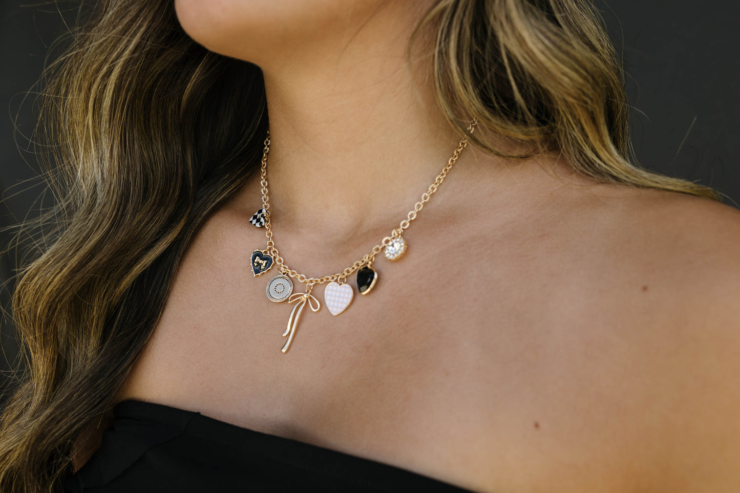 Gold Checker Heart Charm Necklace