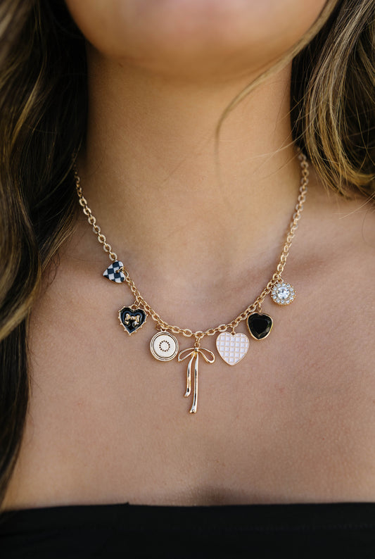 Gold Checker Heart Charm Necklace