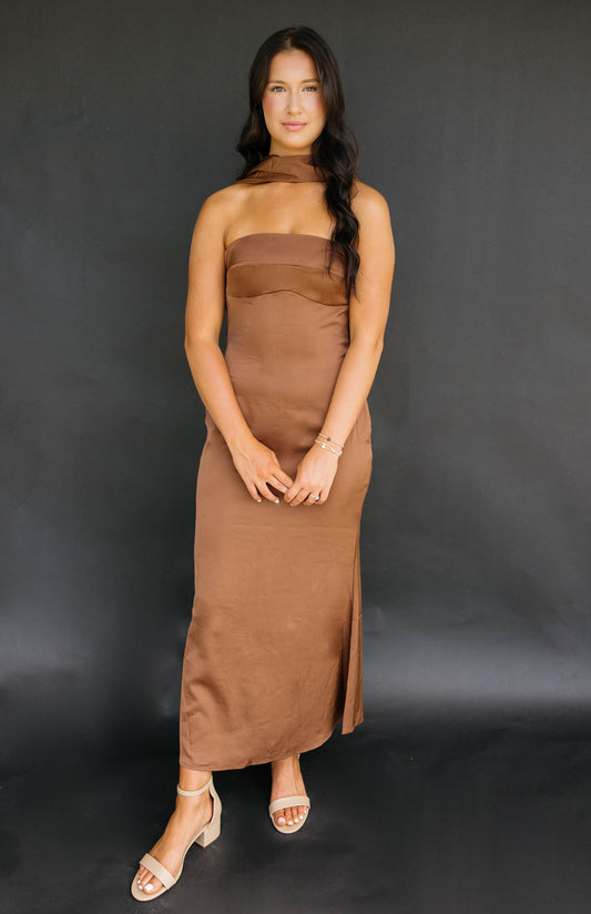 Satin Brown Reverse Halter Dress
